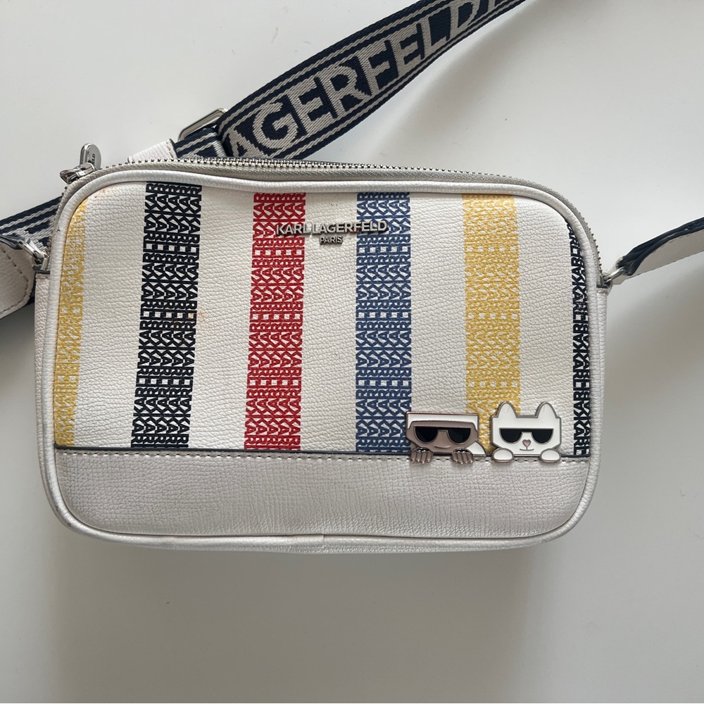 Karl Lagerfeld Red and White Crossbody Bag with Striped Design